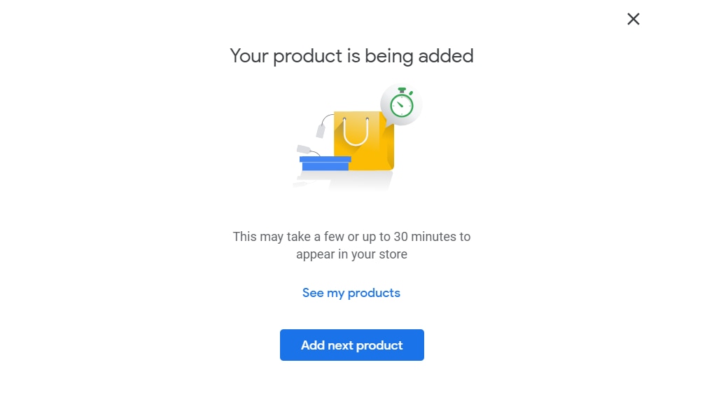 “Your product is being added" screen