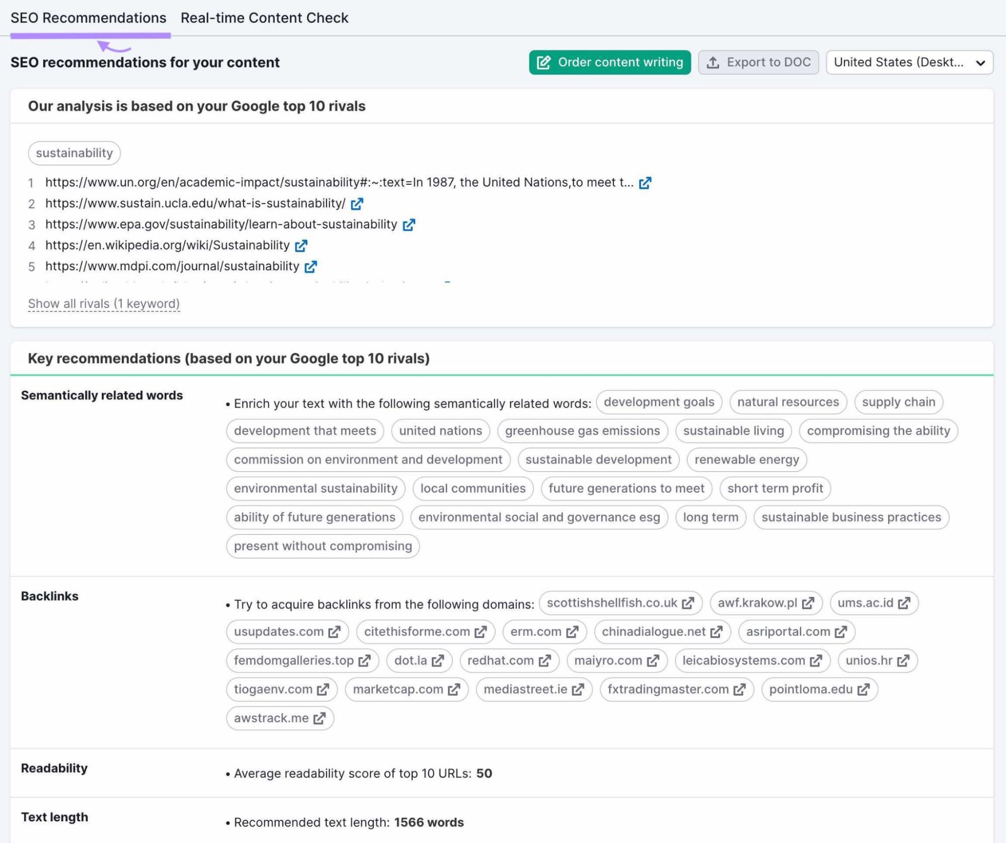 "SEO Recommendations" report for "sustainability" search in SEO Content Template