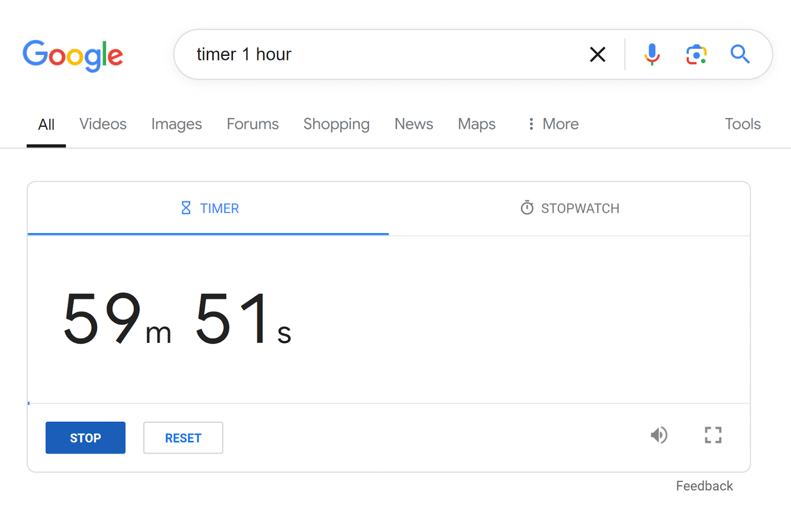 Google SERP for 'timer 1 hour'