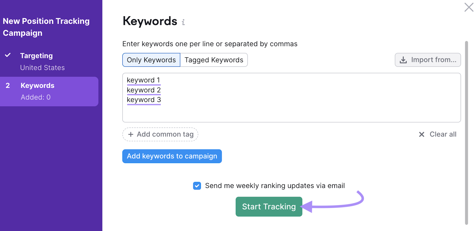 "Keywords" configuration step in Position Tracking
