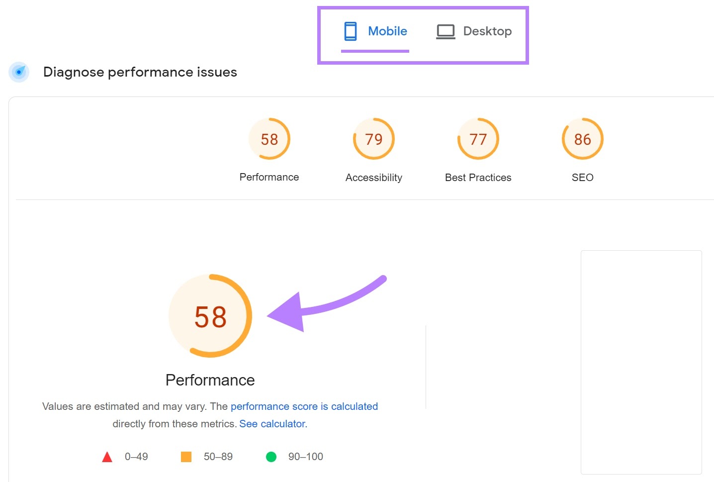 Resultados de PageSpeed Insights para una URL buscada