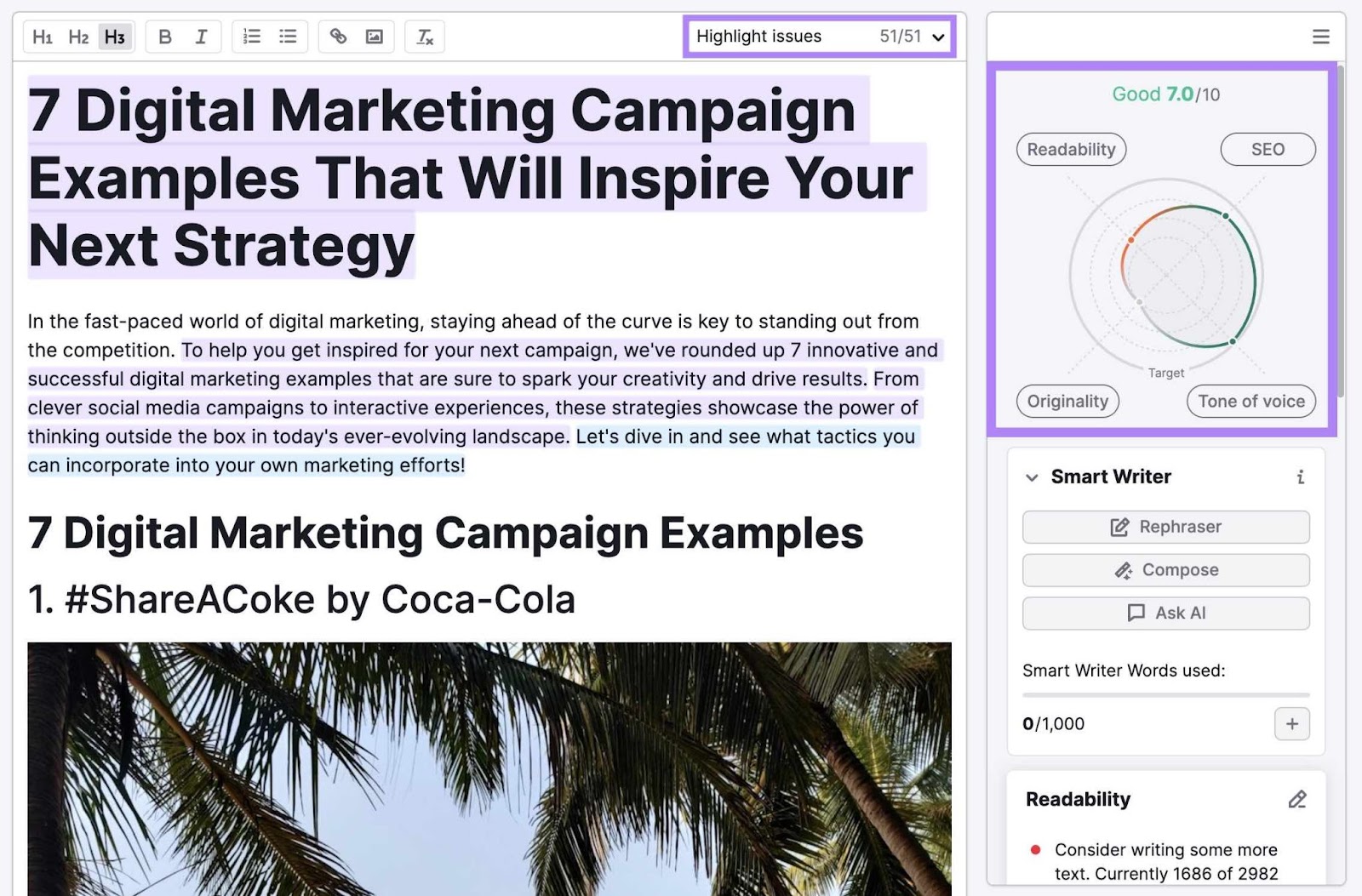 SEO Writing Assistant showing scores for readability, SEO, tone of voice, and originality plus improvement suggestions
