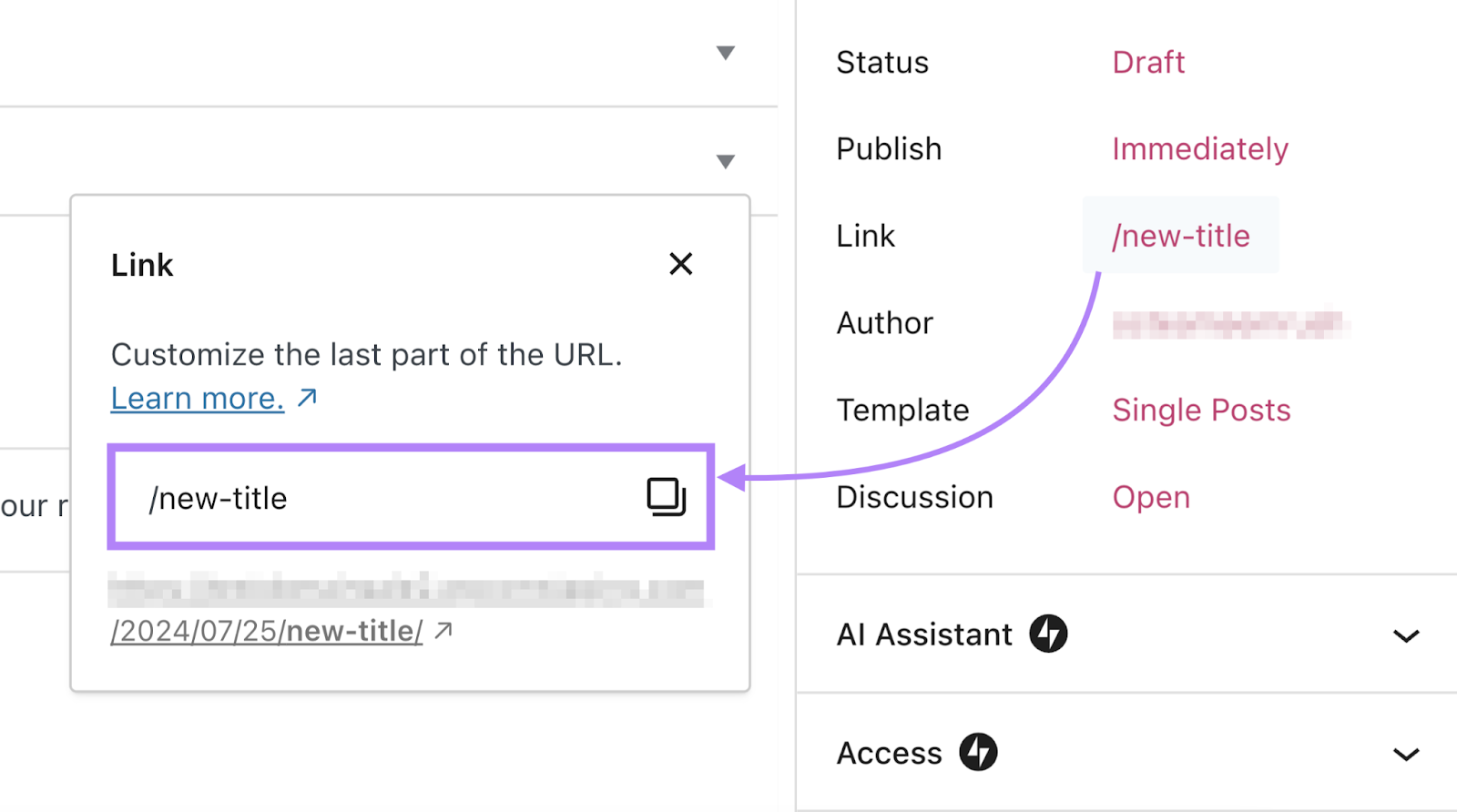 Link settings in WordPress draft opens a pop up box to edit the url slug