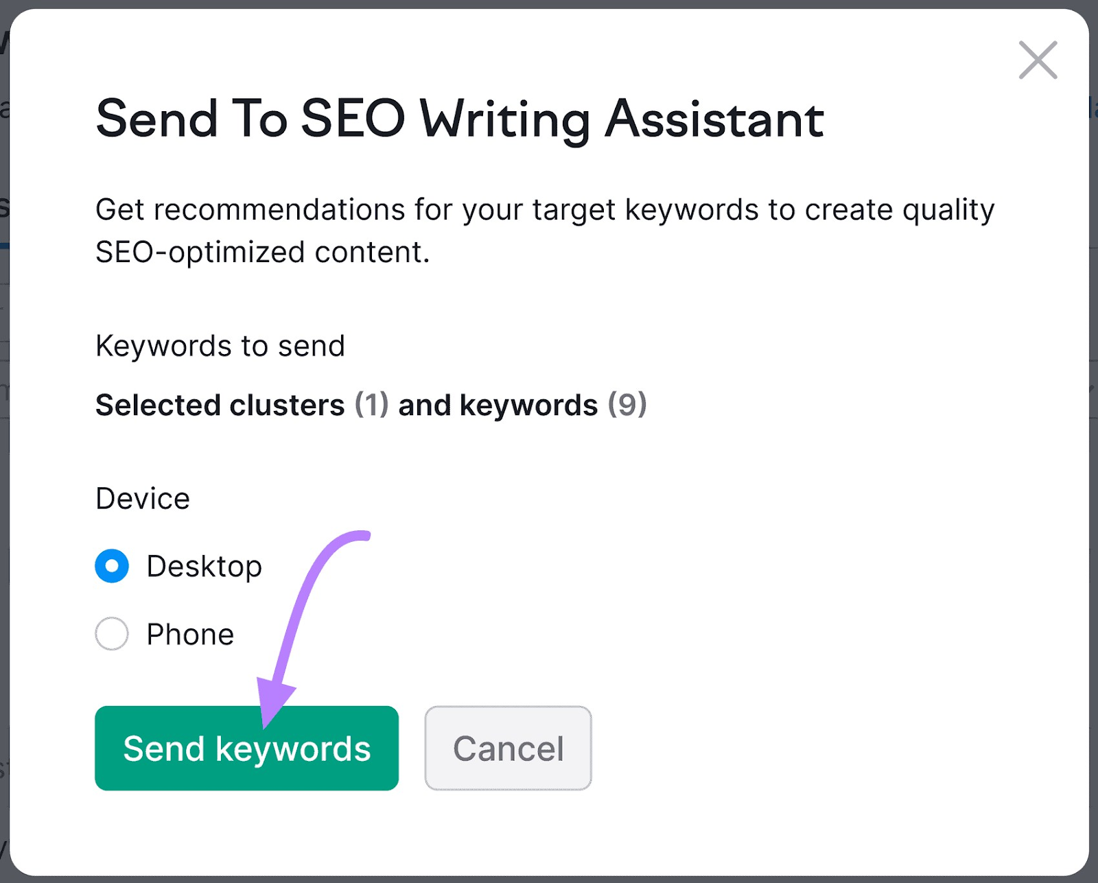"Send To SEO Writing Assistant" popup window