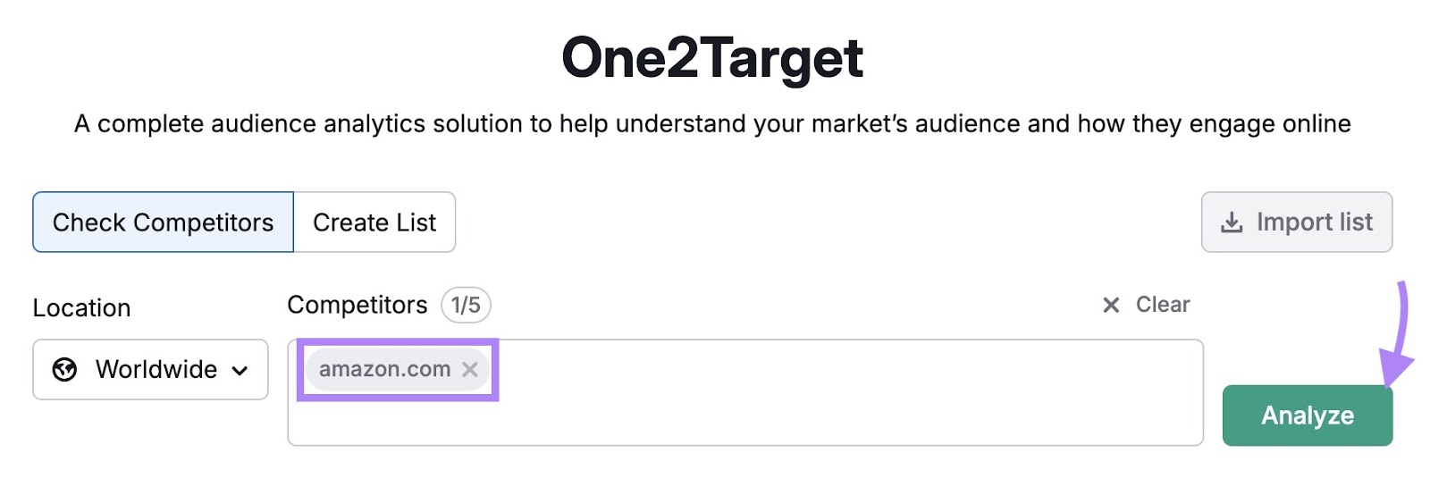 One2Target tool start with "amazon.com" entered as the domain and "Analyze" clicked.