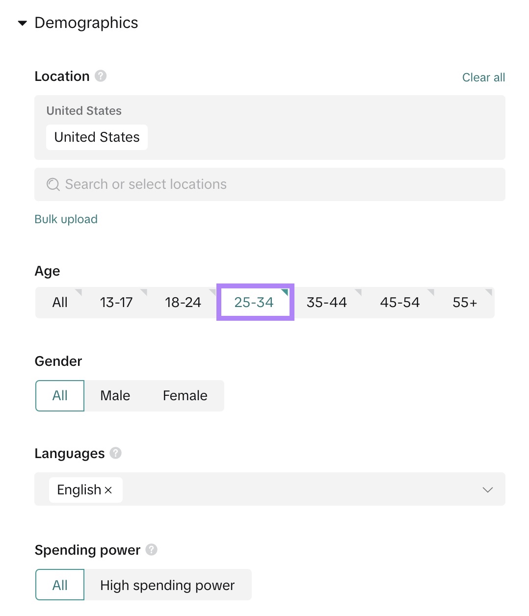 "Demographics" settings on TikTok Ads manager with "25-34" selected as the age for the target audience.