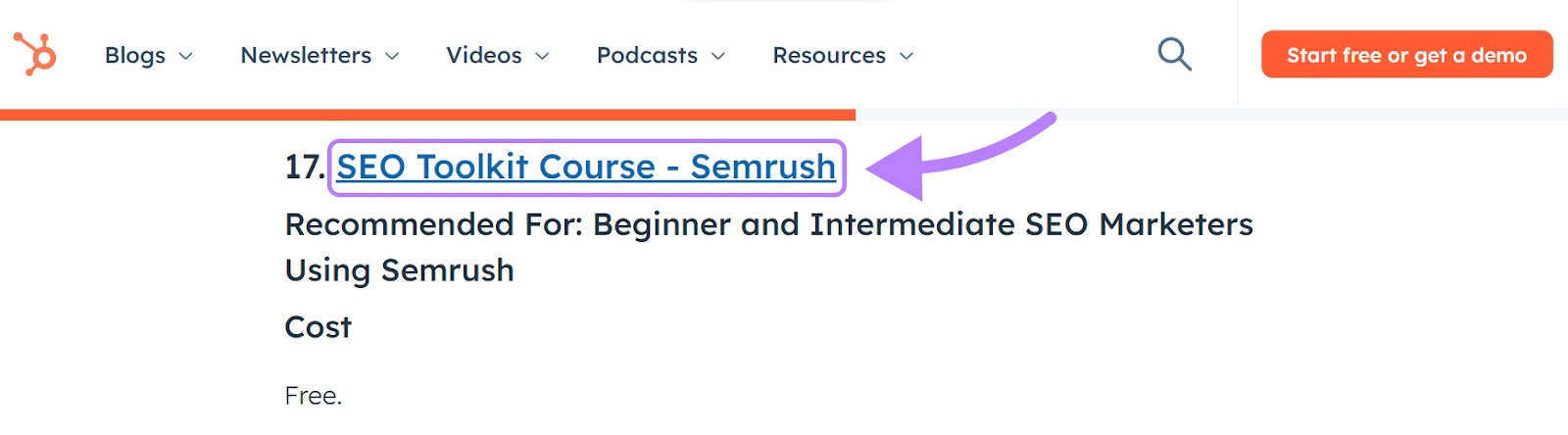 HubSpot's link to a Semrush's course