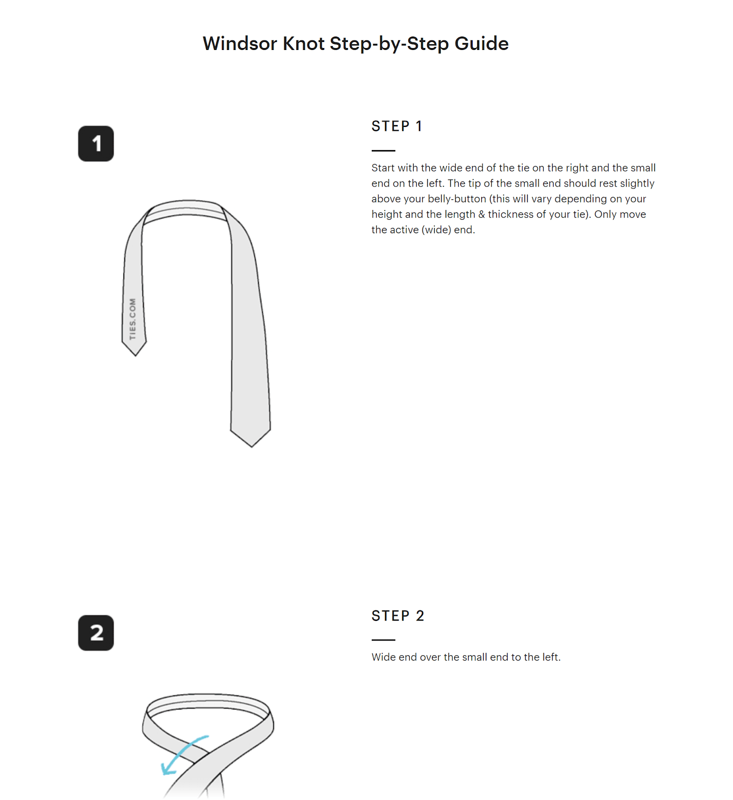 Image and text instructions showing how to tie a Windsor knot.