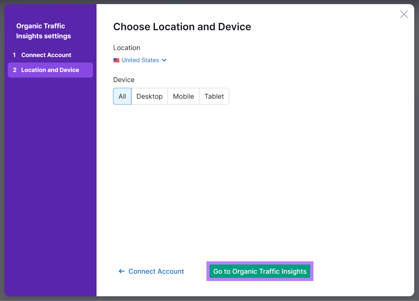 Location set to United States, Device set to All and Go to Organic Traffic Insights button highlighted