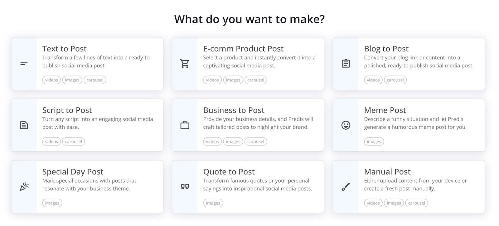 Post-type options on "AI Social Content Generator" include text, product, meme, manual, special day etc.