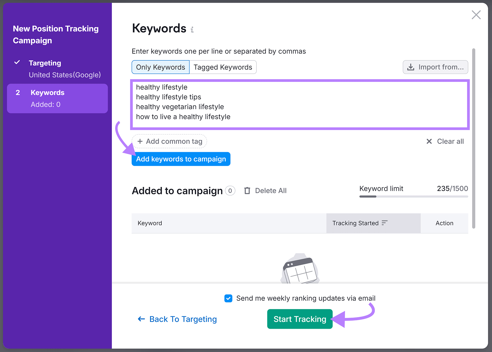 Position Tracking Campaign setup popup with keywords entered and arrow pointing to Start Tracking button