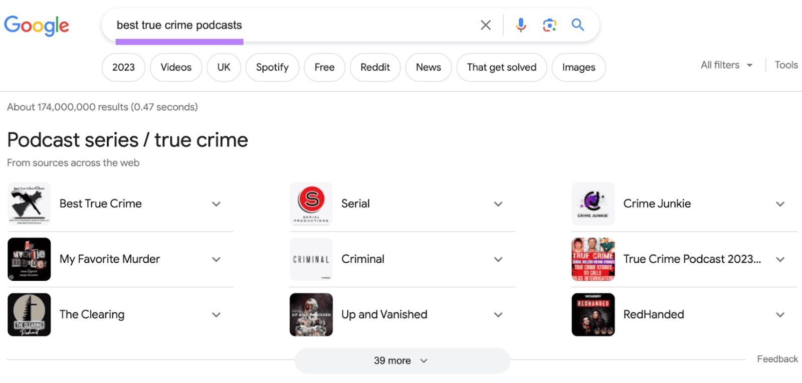 Google’s SERP for "best true crime podcasts"