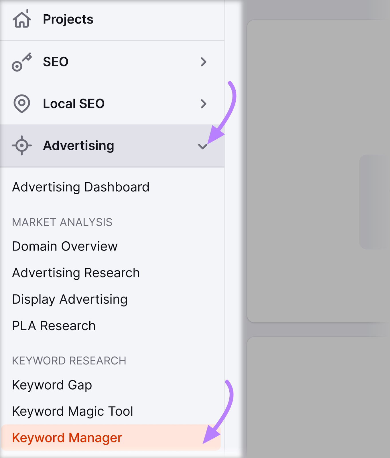 "Keyword Manager" selected in the Semrush menu