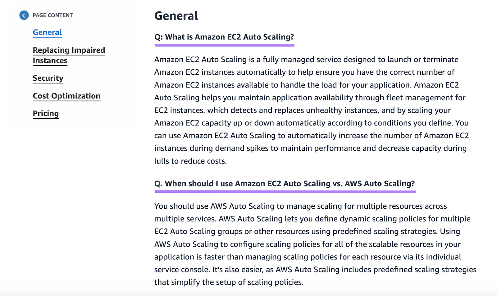 Questions about amazon auto scaling product answered on separate page
