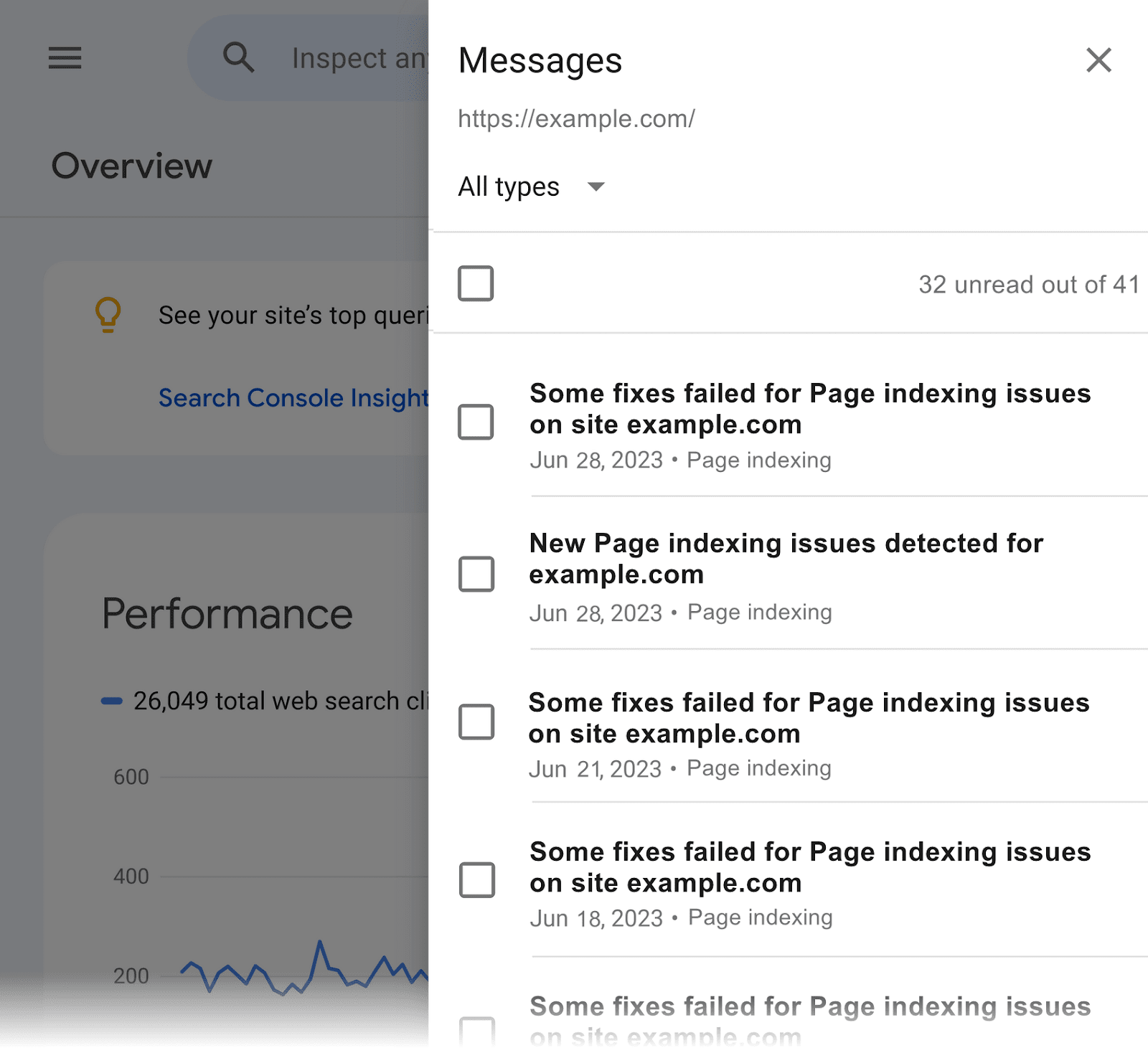 "Messages" popup successful  GSC dashboard