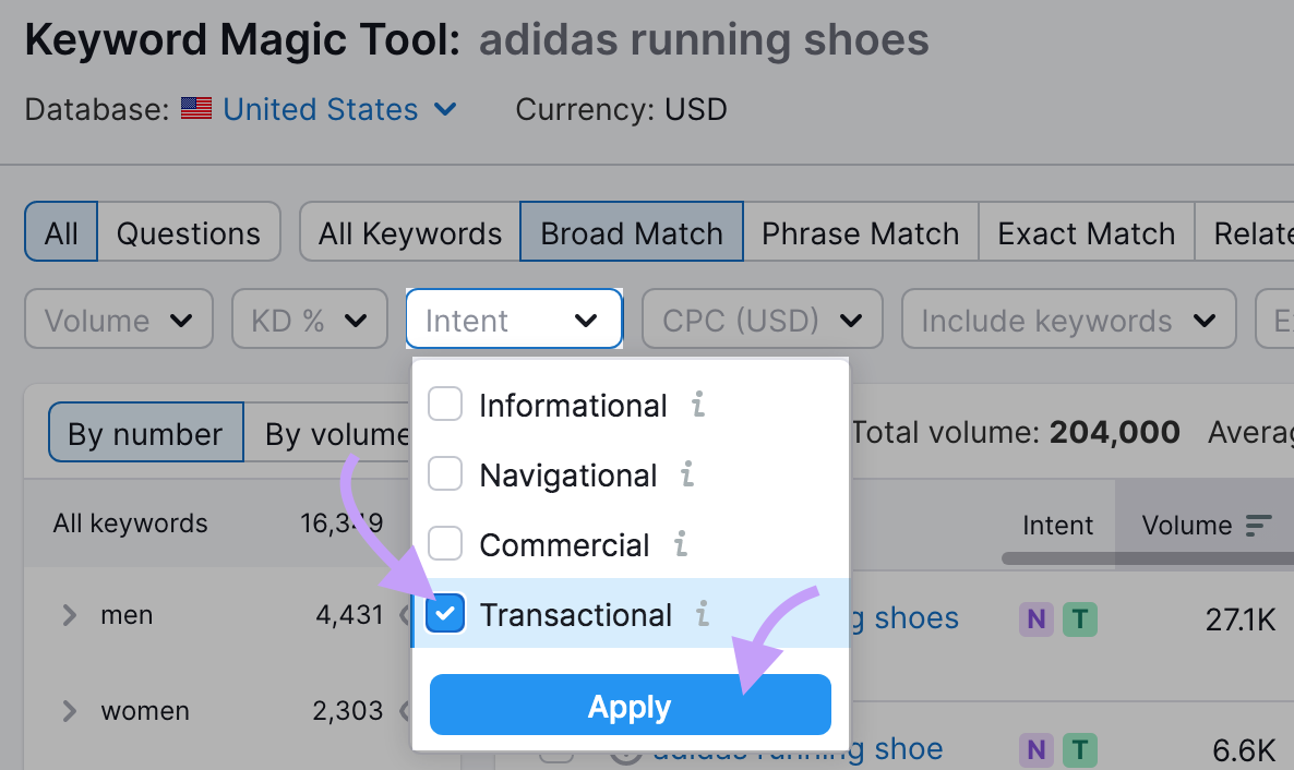 "Transactional" selected under the "Intent" drop-down menu