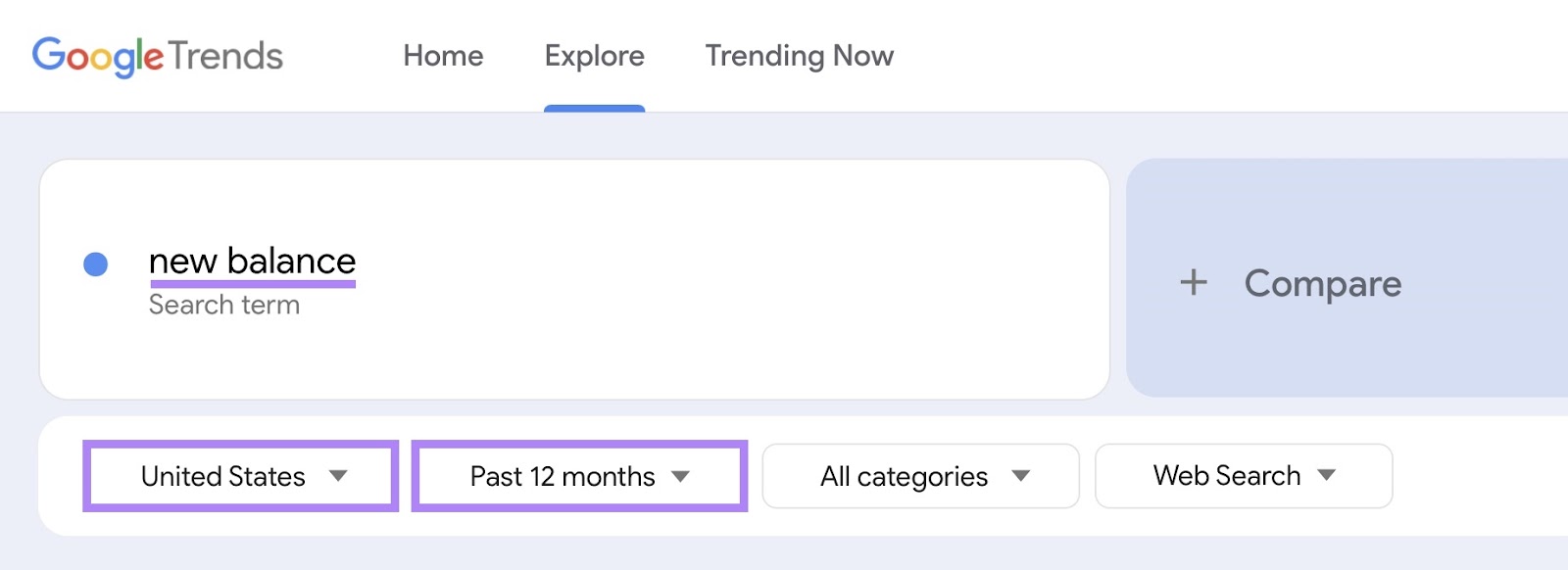 Google Trends home with "new balance" as the search term along with "United States" and "Past 12 months" selected.