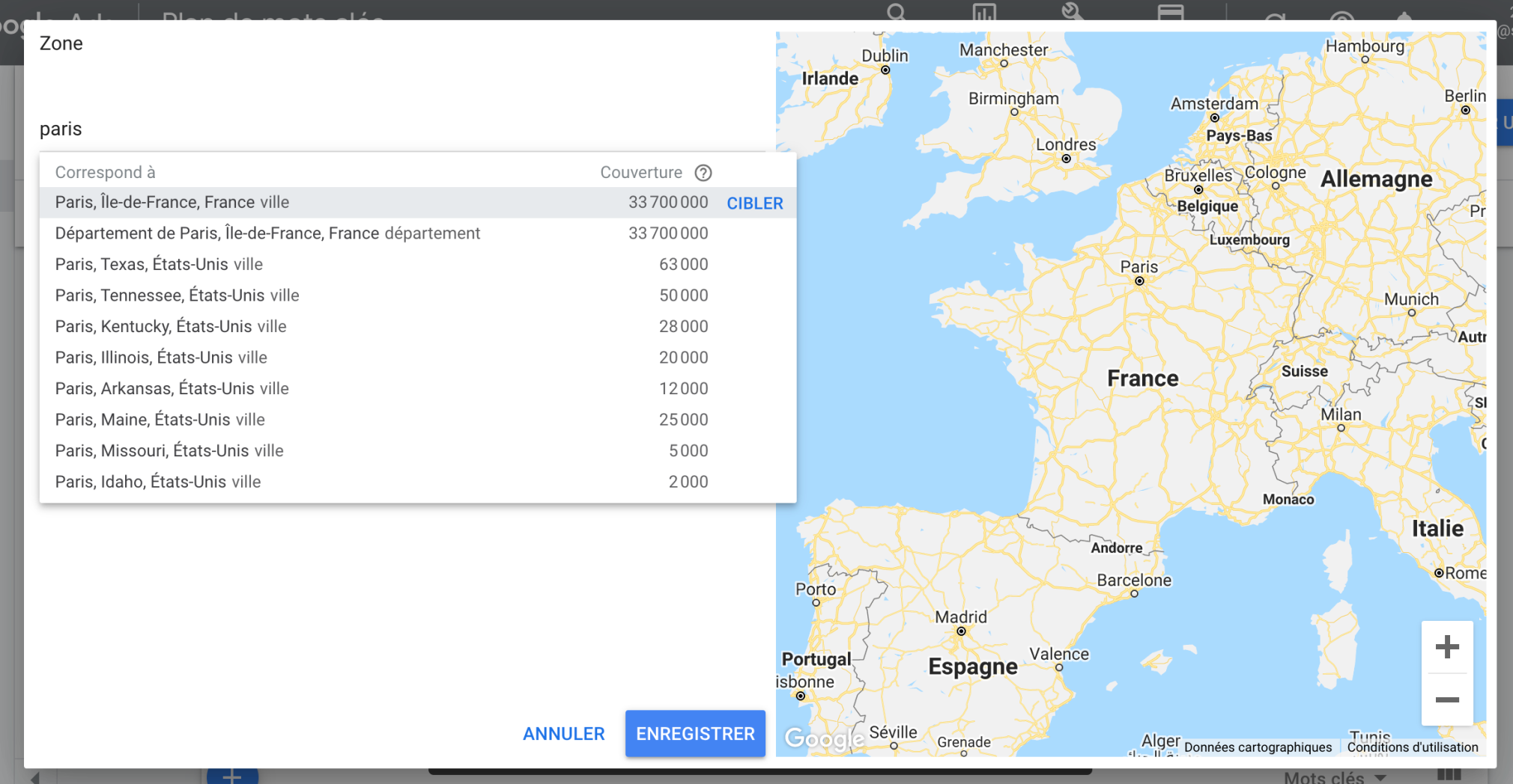 ciblage localisation keyword planner