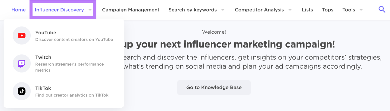 “Influencer Discovery” highlighted in the navigation menu