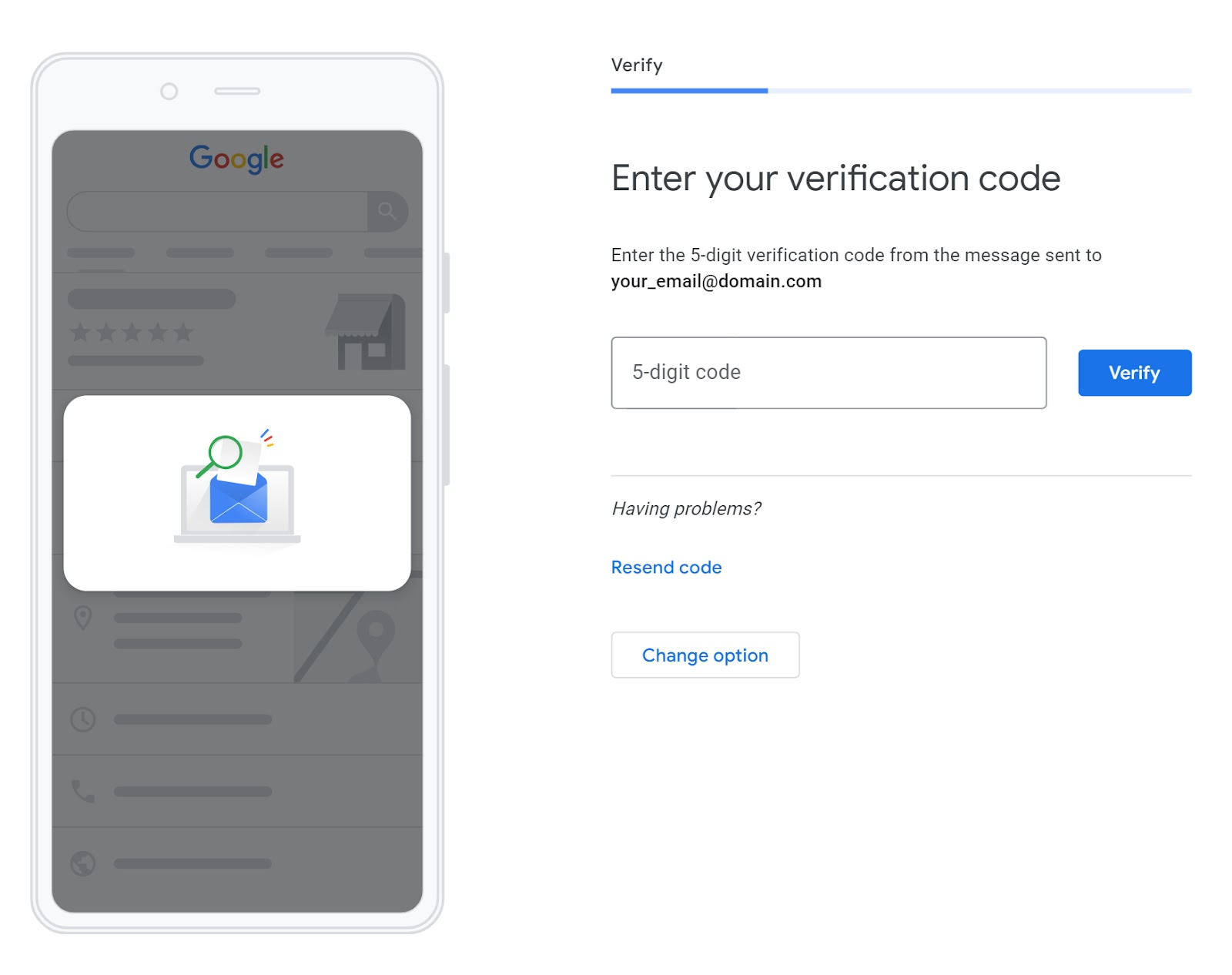 "Enter your verification code" screen in GBP
