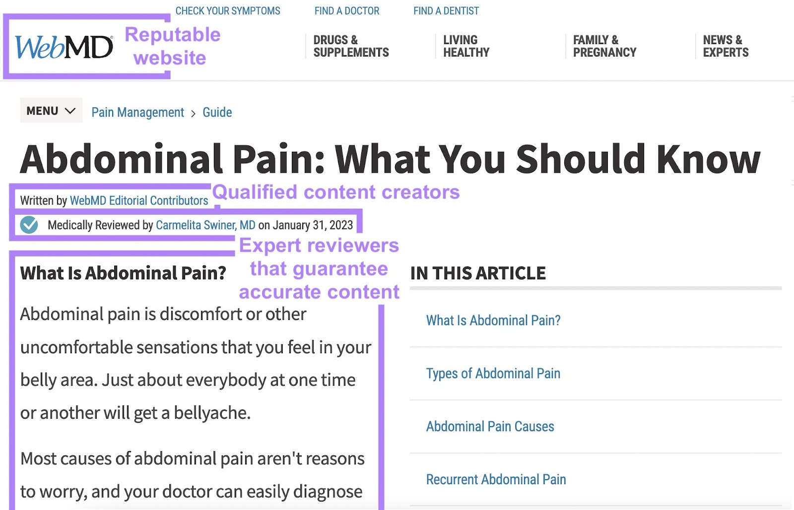 Um artigo sobre dor abdominal do WebMD como exemplo de autoridade