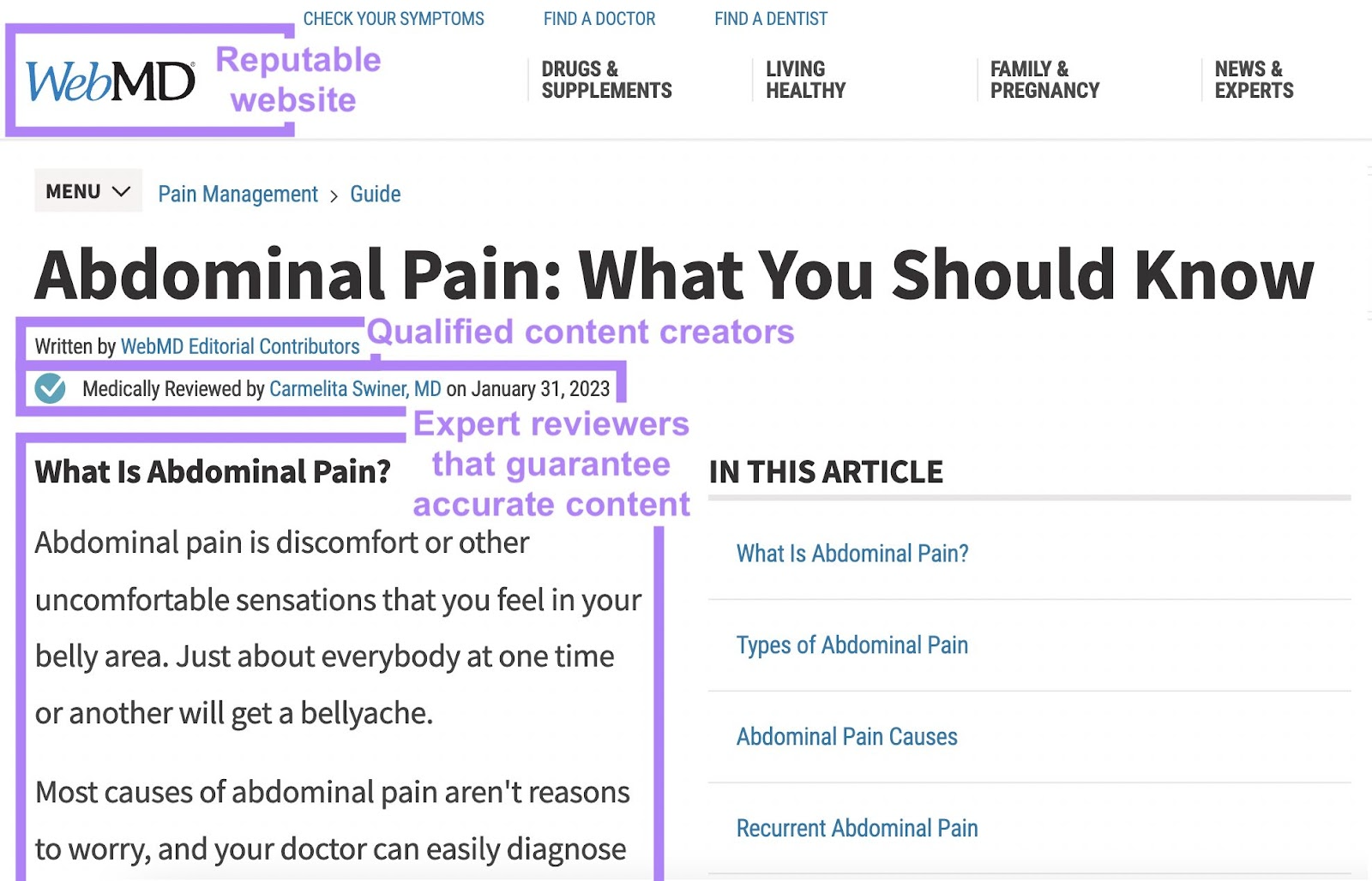 An article on abdominal pain from WebMD as an example of authoritativeness