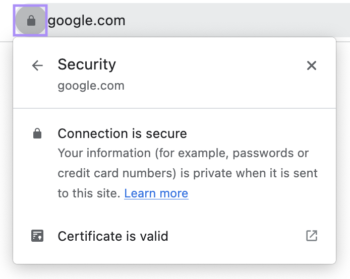 A lock icon in browser search bar for "google.com"