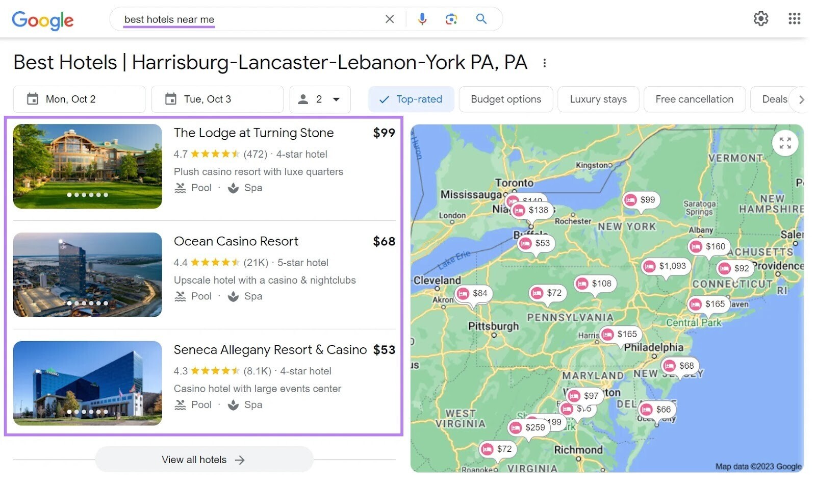 Google Maps results for “best hotels near me” query