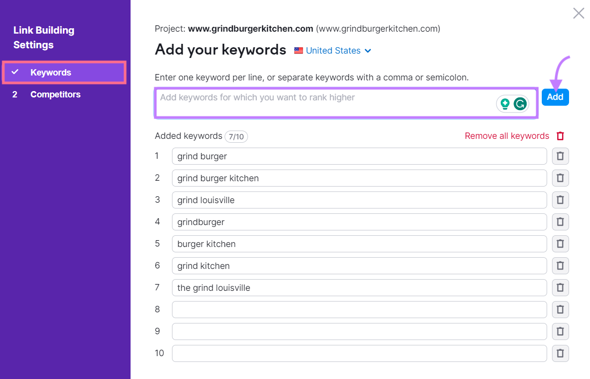 "Add your keywords" window in Link Building Settings