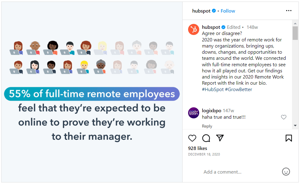 HubSpot's Instagram post with a visual about remote work and data from the report