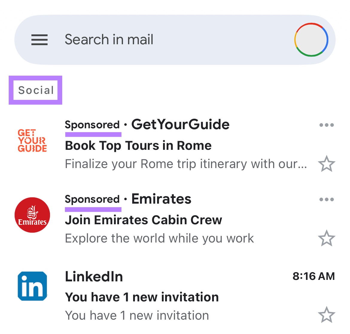 Email ads appearing on the "Social" tab in Gmail with the "Sponsored" tags highlighted.