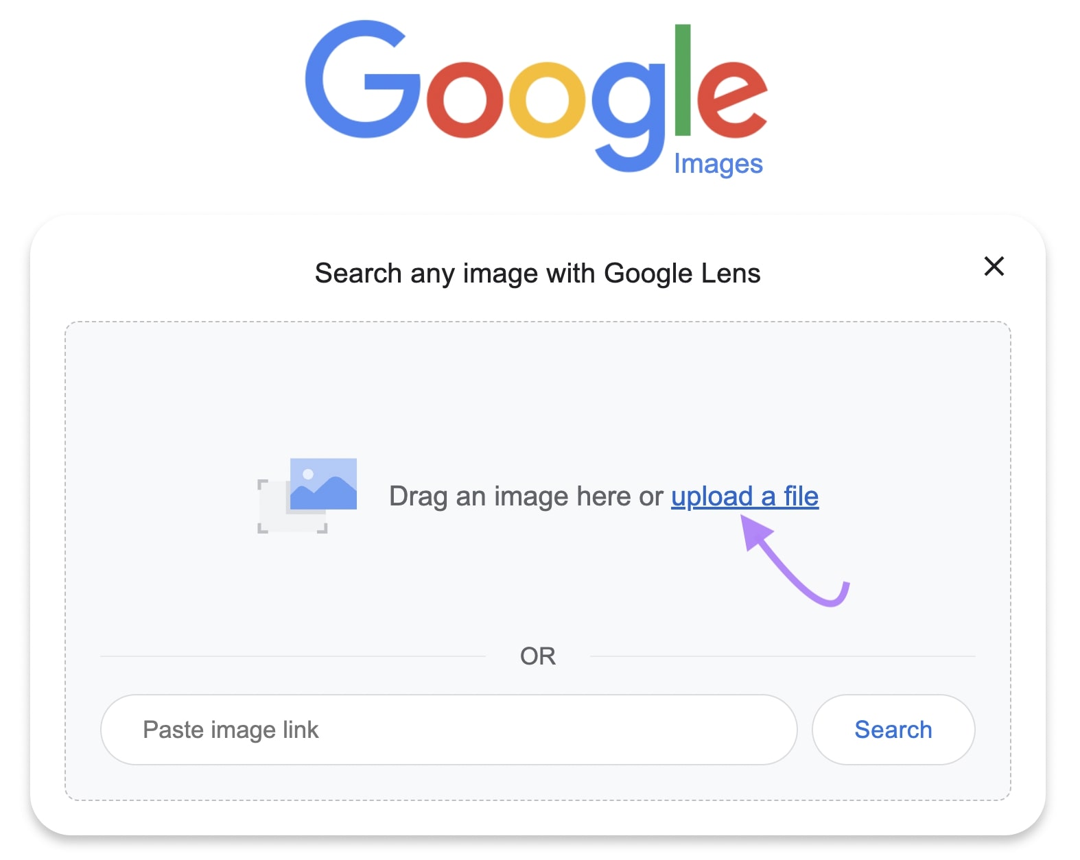 Google Lens image search with 'Upload a file' highlighted