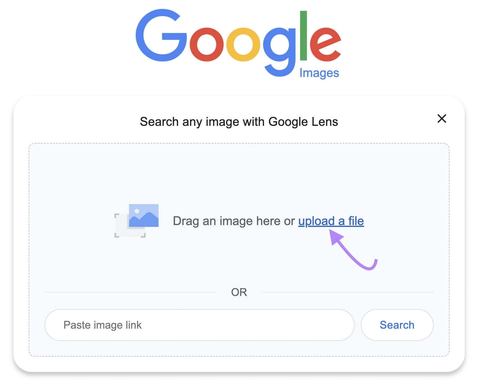 Google Lens representation  hunt  with 'Upload a file' highlighted