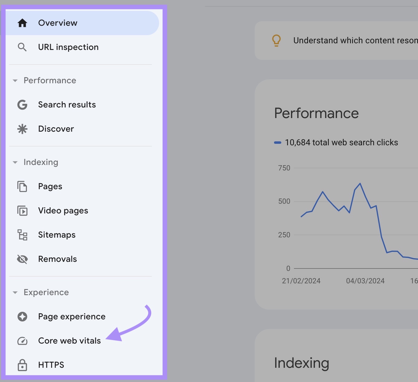 The left-hand broadside  paper   connected  Google Search Console with “Core Web Vitals” clicked.