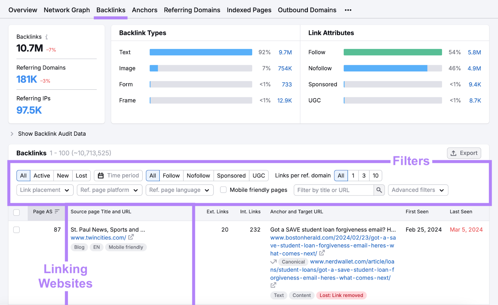 Backlinks report with filters and linking websites highlighted