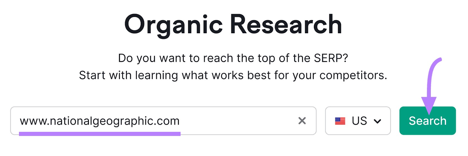 "www.nationalgeographic.com" entered into the Organic Research search bar