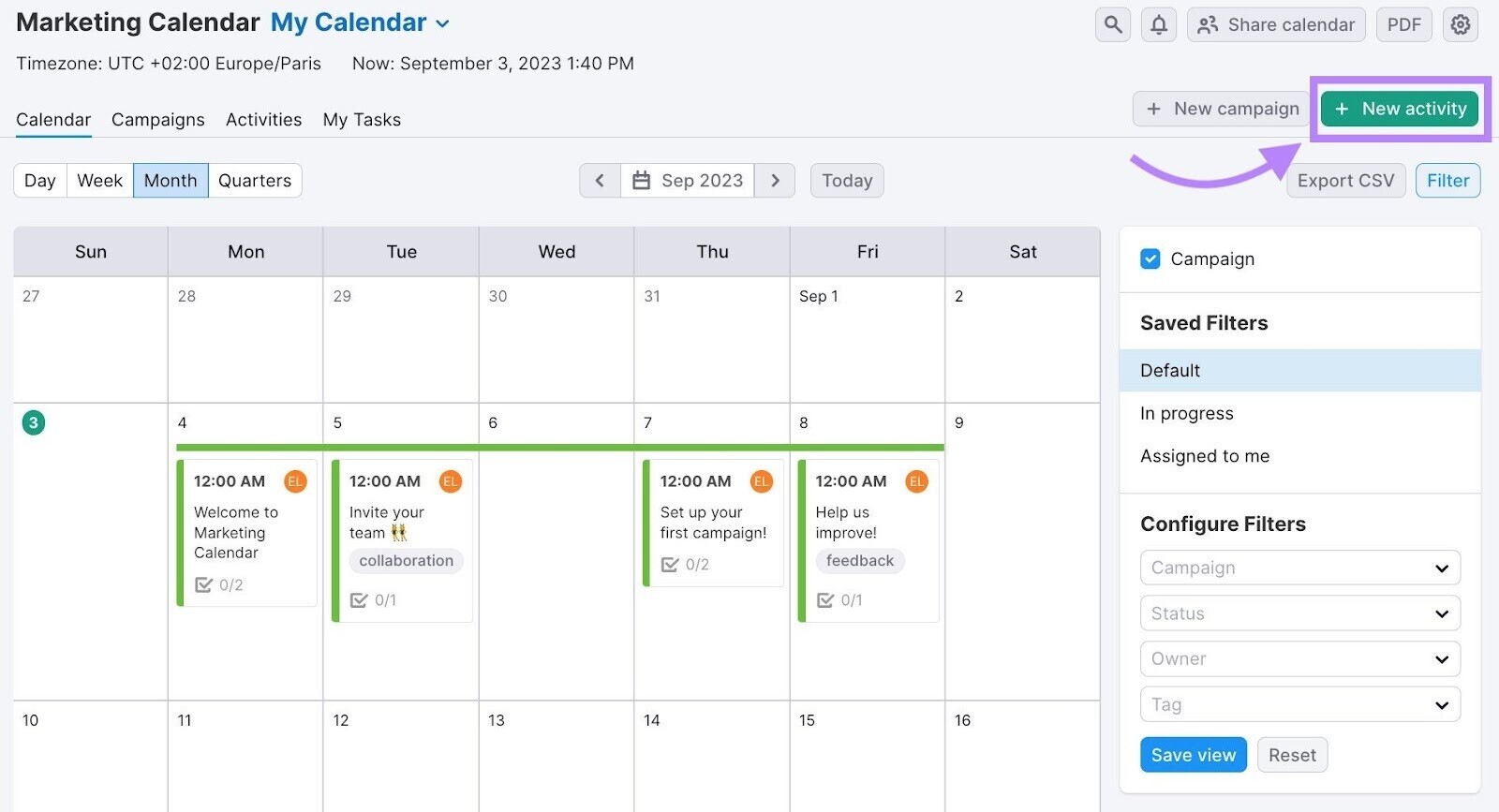“+ New activity” button highlighted in Marketing Calendar tool by Semrush