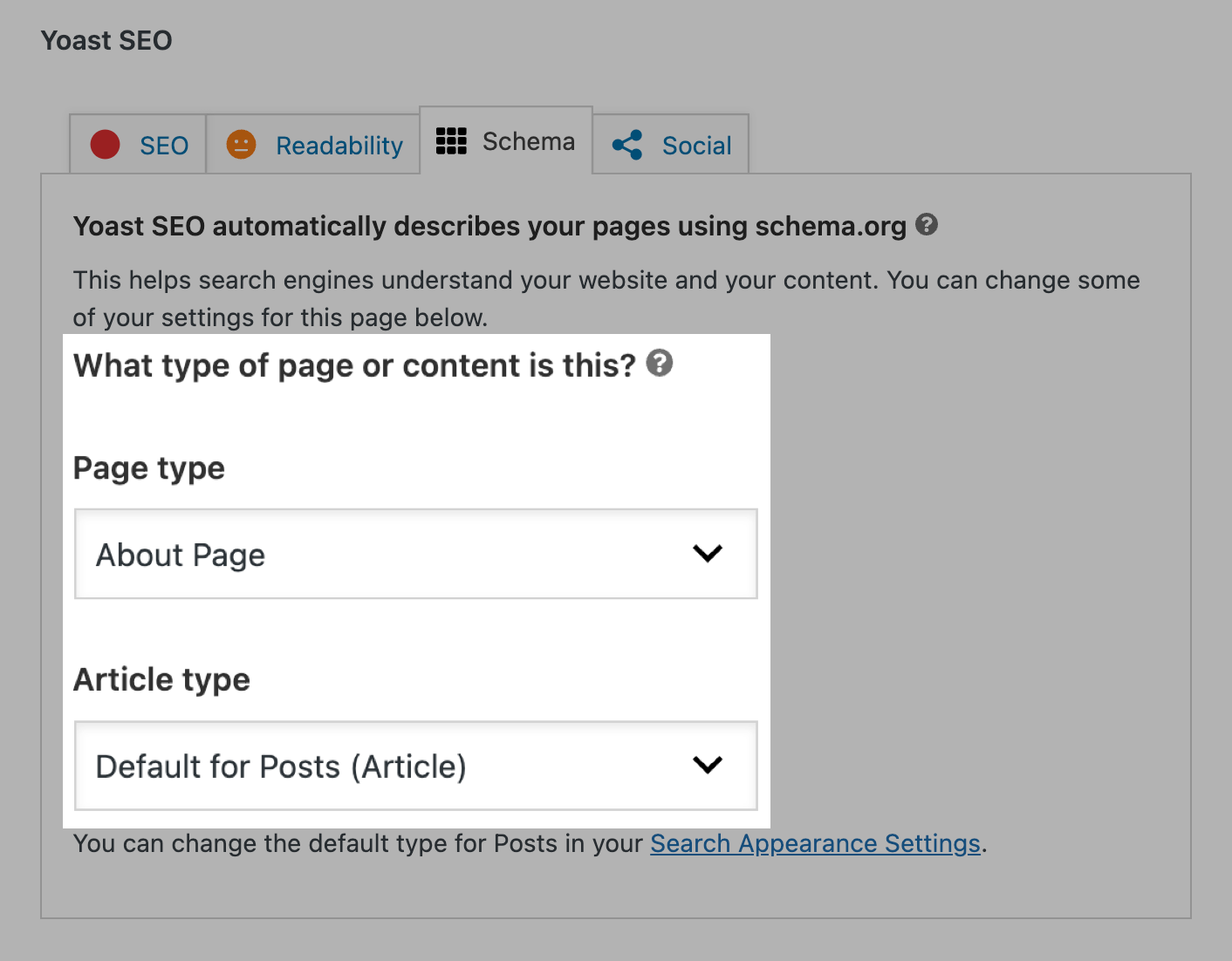 yoast schema page type settings