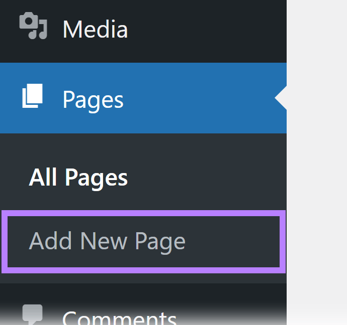 WordPress side menu showing option to Add New Page.