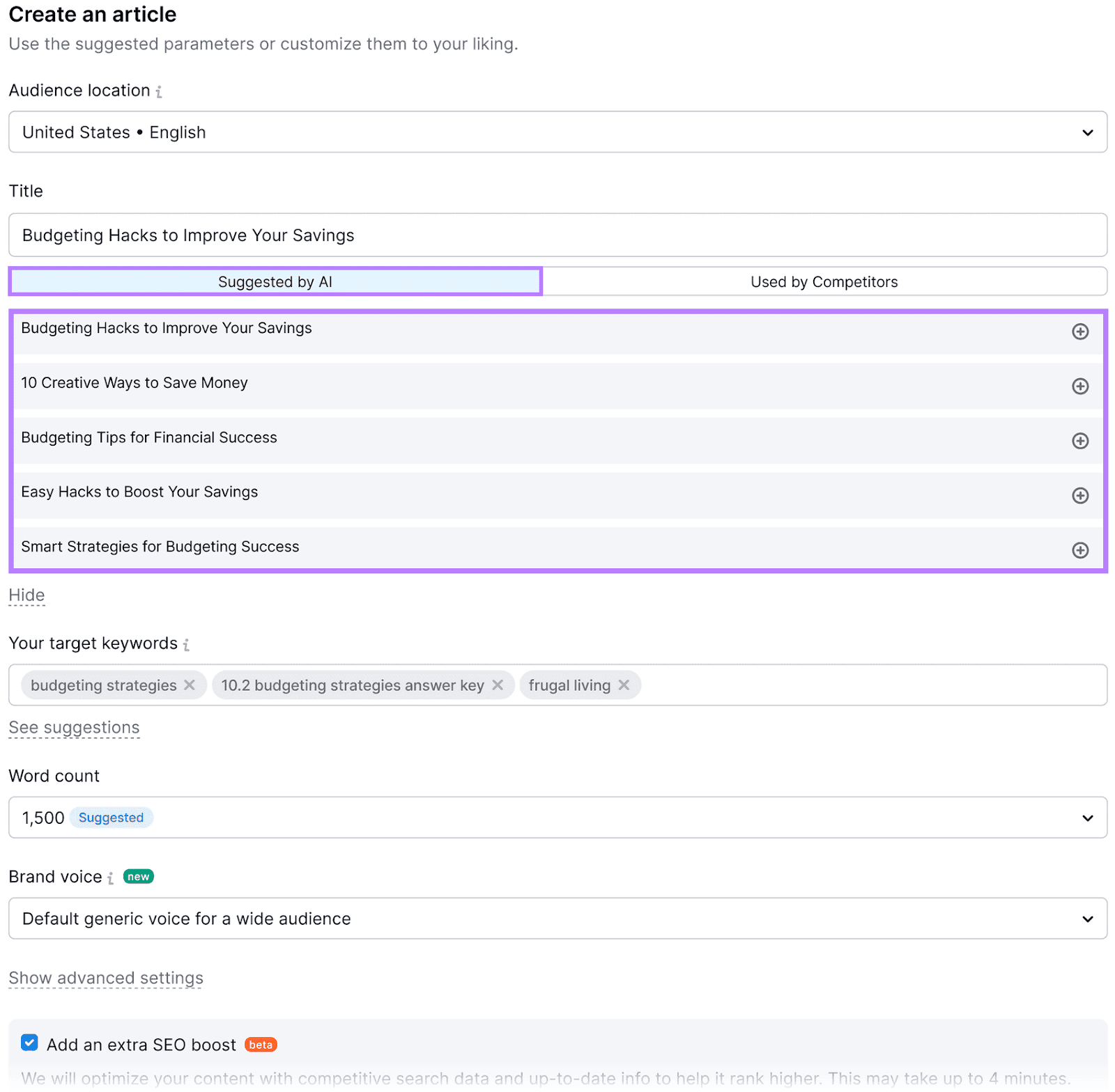 Contentshake "Create an article" interface showing title suggestions highlighted under "Suggested by AI"