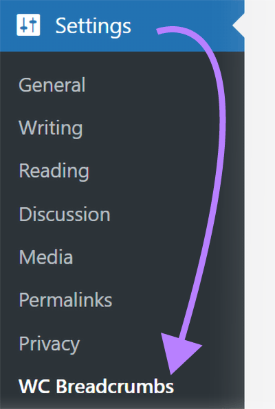 "WC Breadcrumbs" button within WordPress's navigation menu
