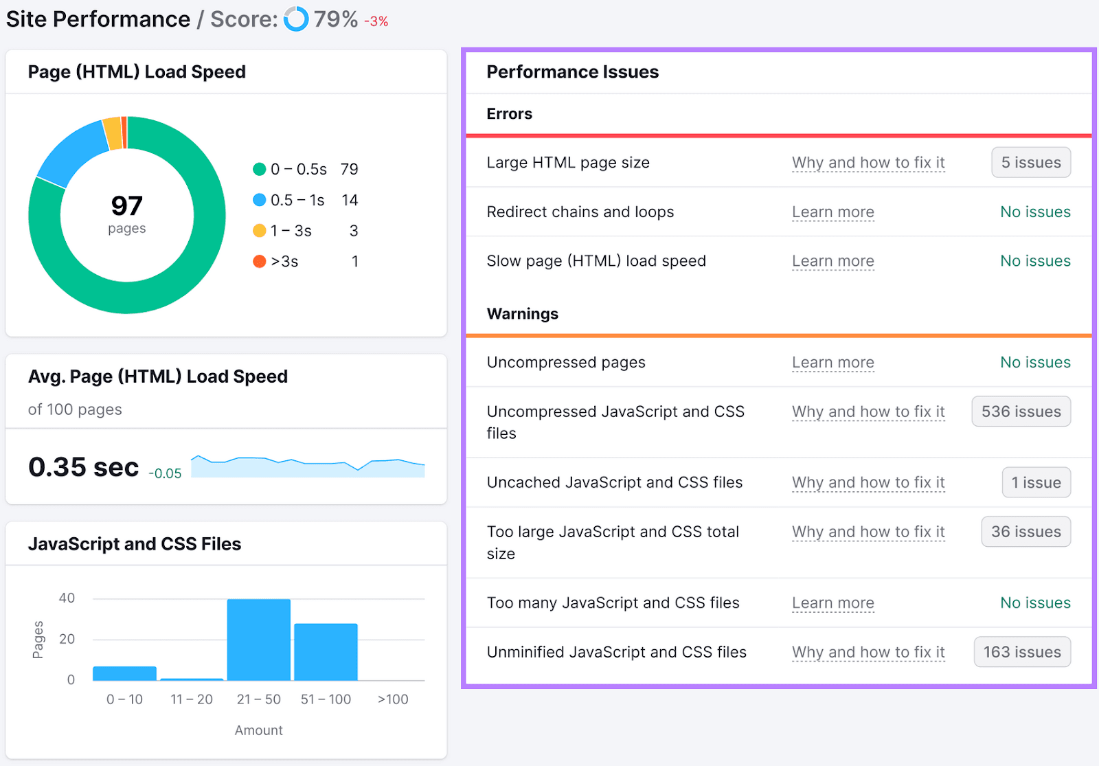 Site Performance analysis showing Site Performance analysis showing a score of 79%, along with a list of performance issues with error and warning categories.