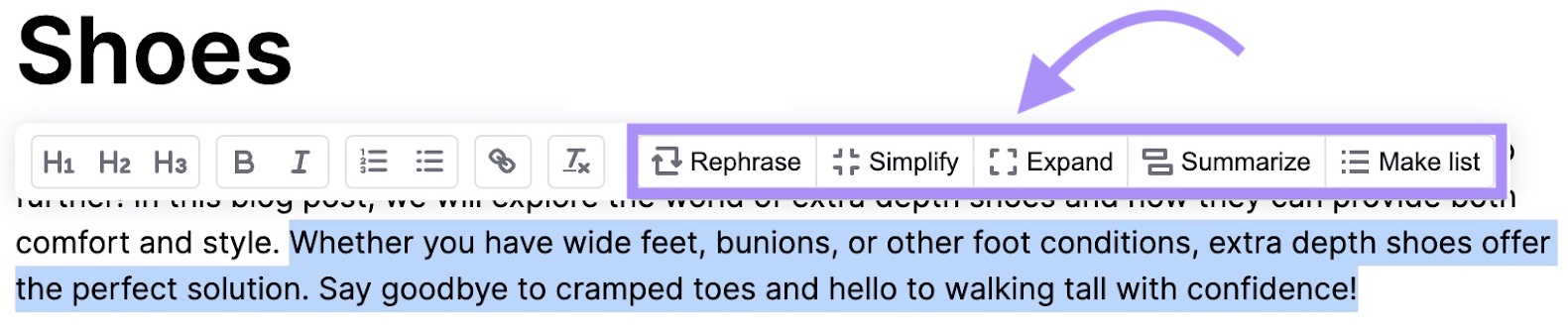 “Rephrase,” “Simplify,” “Expand,” “Summarize,” and “Make list" options highlighted