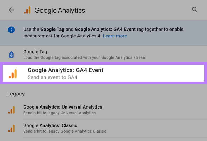“Google Analytics: GA4 Event" selected under "Tag Configuration"