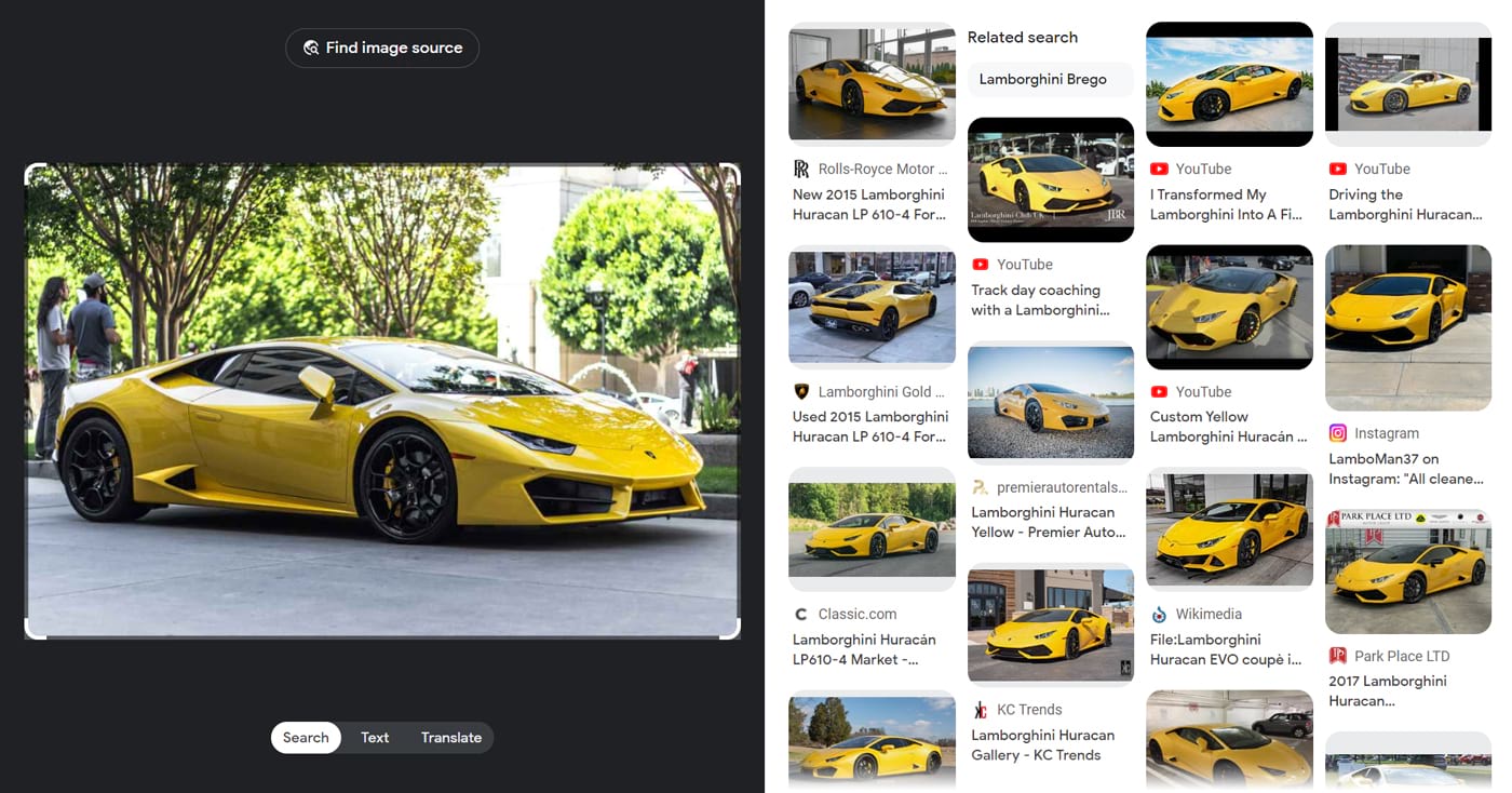 Visual search engine results for an image of a yellow car