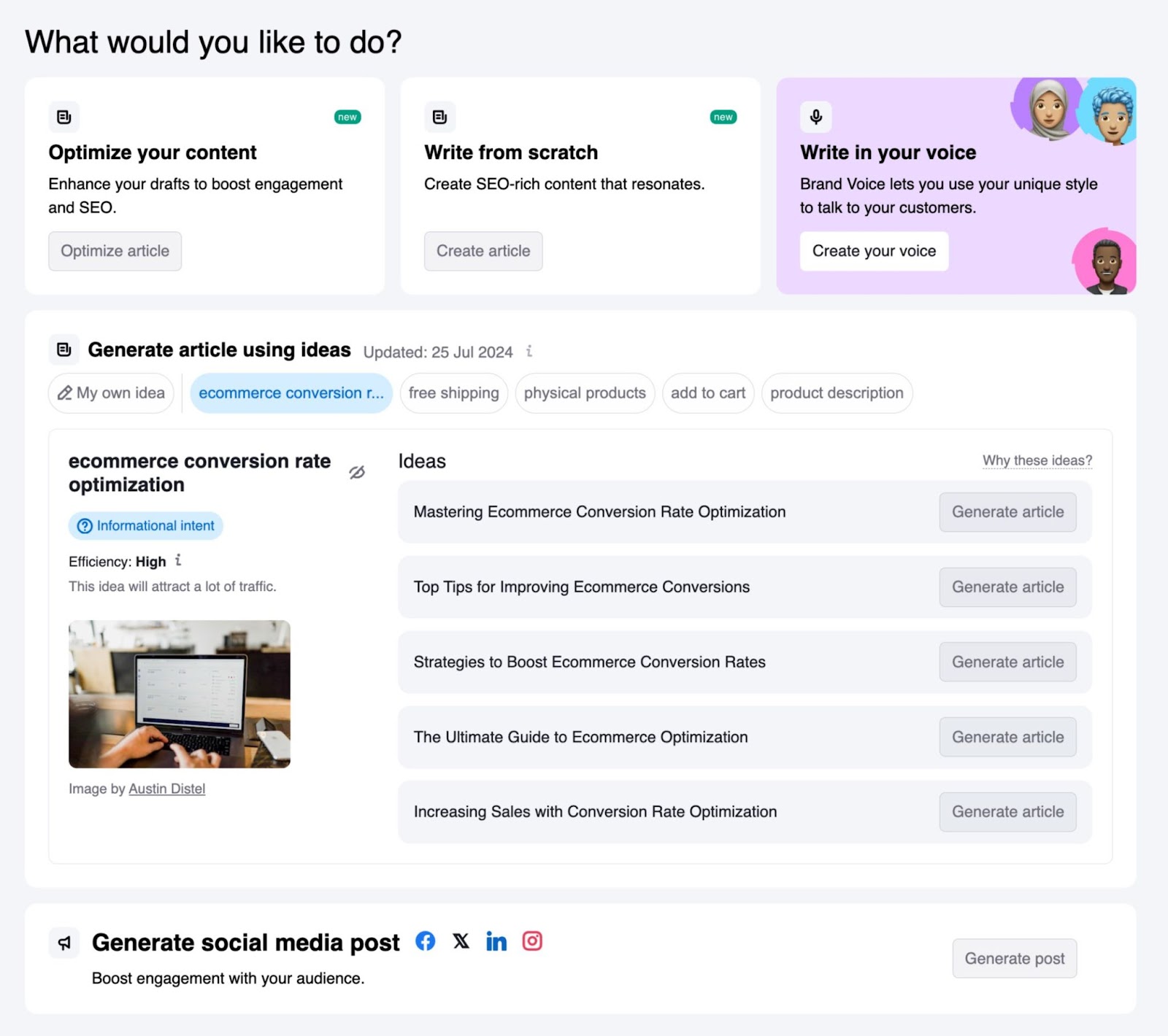 ContentShake AI home showing different options including "Optimize your content", "Write from scratch", "Generate article using ideas", etc.