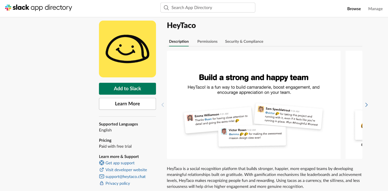 "HeyTaco" section on slack app directory page
