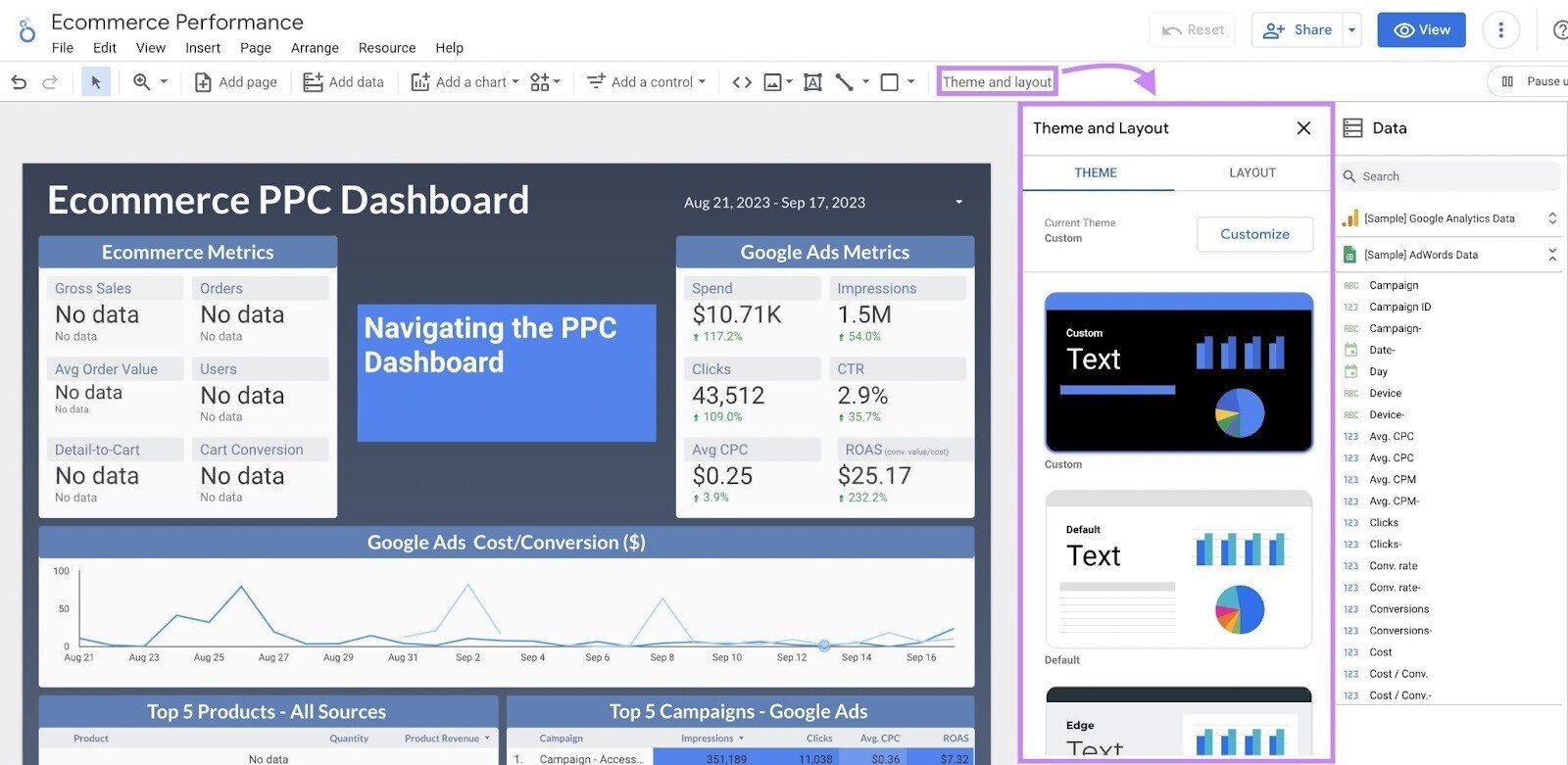 "Theme and Layout" tab in Looker Studio editor