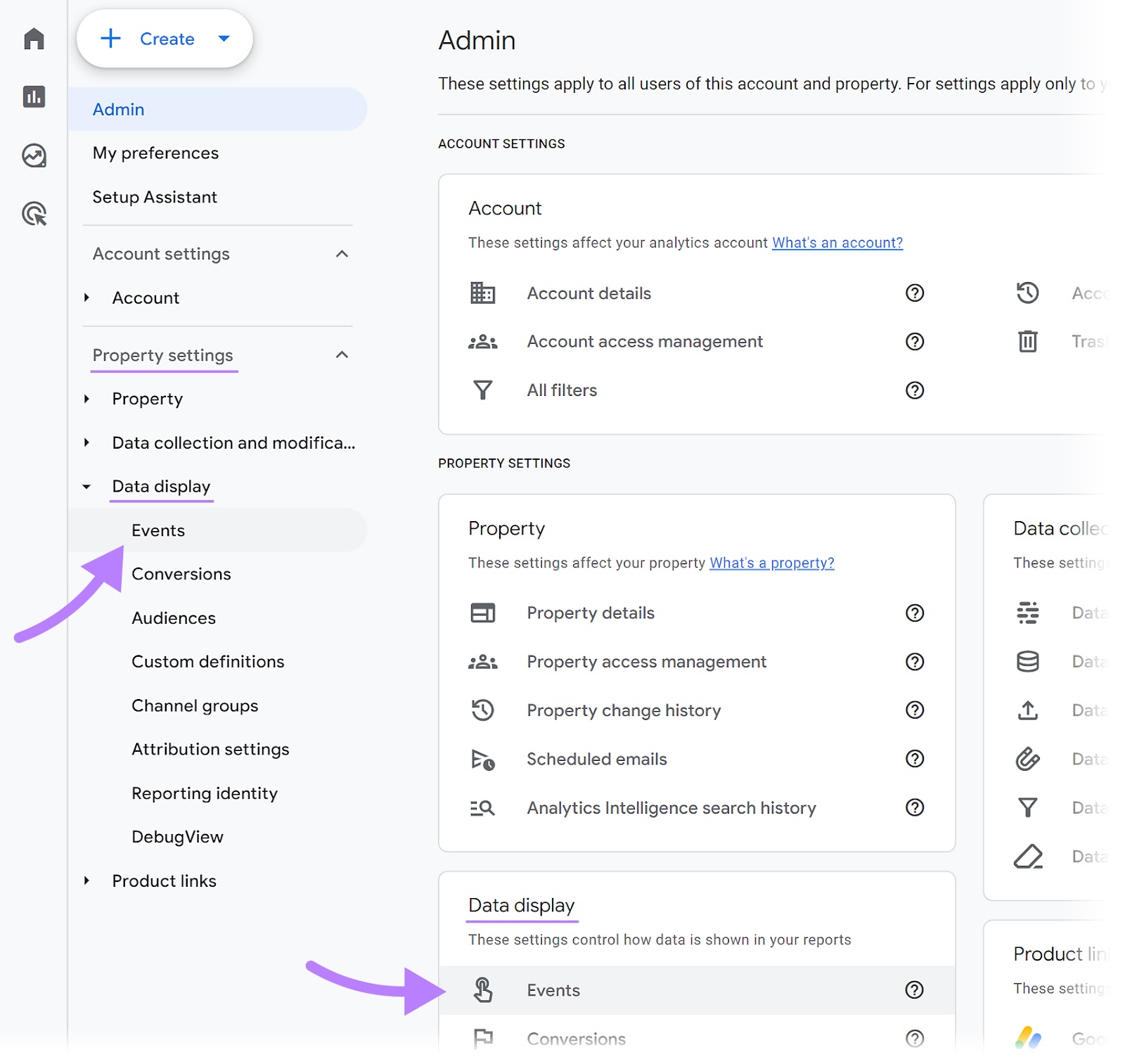 Navigating to "Events" > "Data display" successful  Google Analytics admin menu