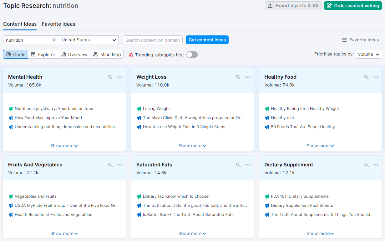 "Content Ideas" results for "nutrition" in Topic Research tool